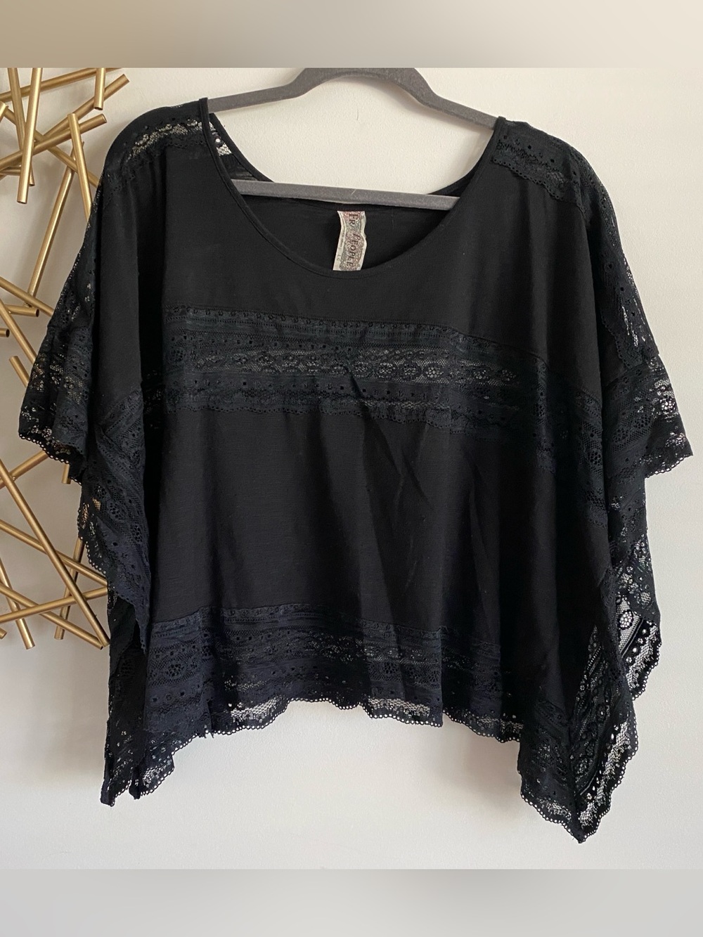 Free People Black Lace Trim Handkerchief Style Tee Shirt - Size L